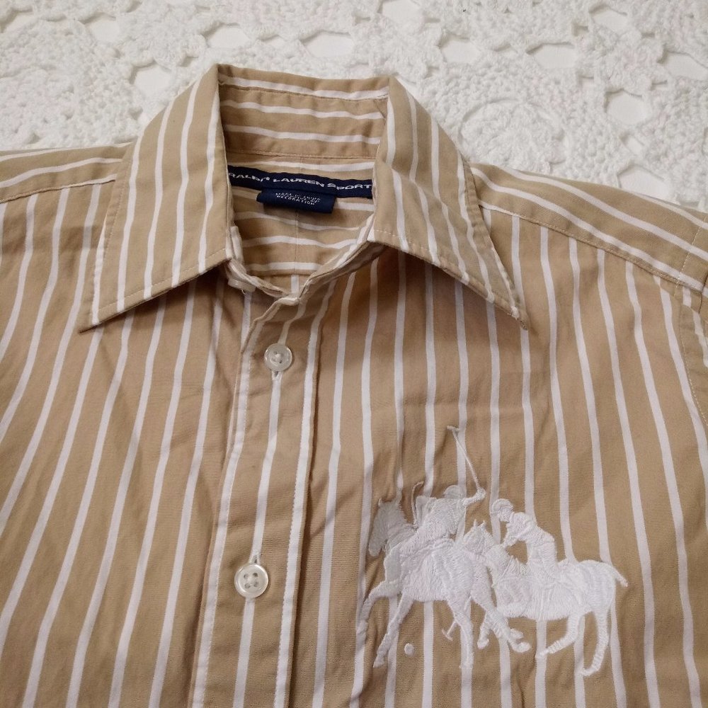 Ralph Lauren Sport 4 Tan Striped Button Up Blouse Shirt Fitted Polo Embroidery